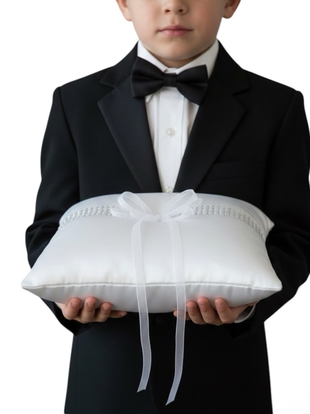 White Satin Ring Bearer Pillow with Ribbon and Rhinestone Trim
